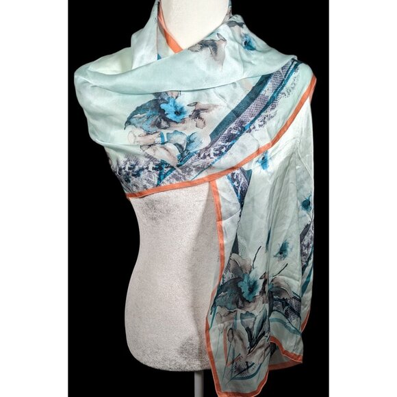 Diamantine Blue Floral Silky Lightweight Scarf - Picture 2 of 7